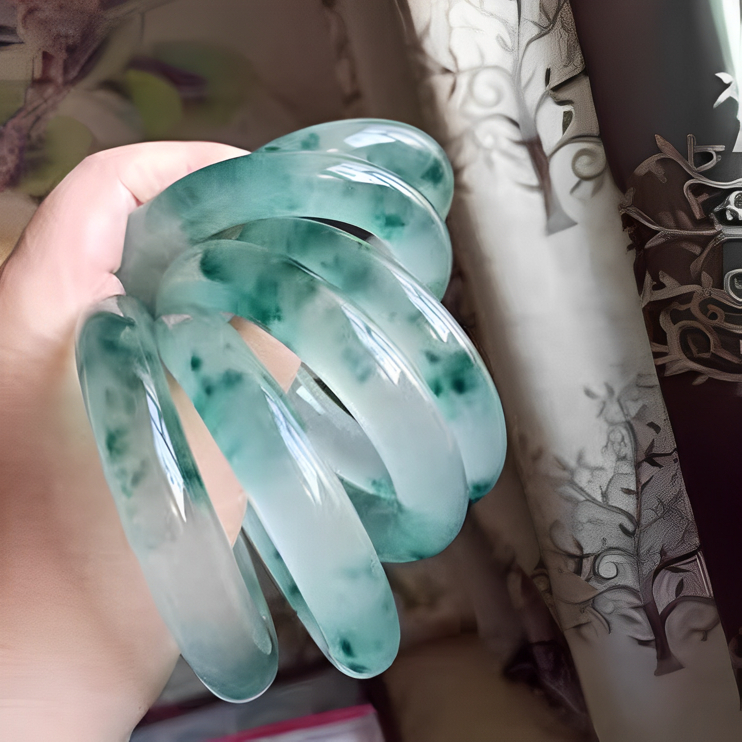 Nature's Captured Whisper,Exquisite High-Ice Floating Floral Jade Bracelet