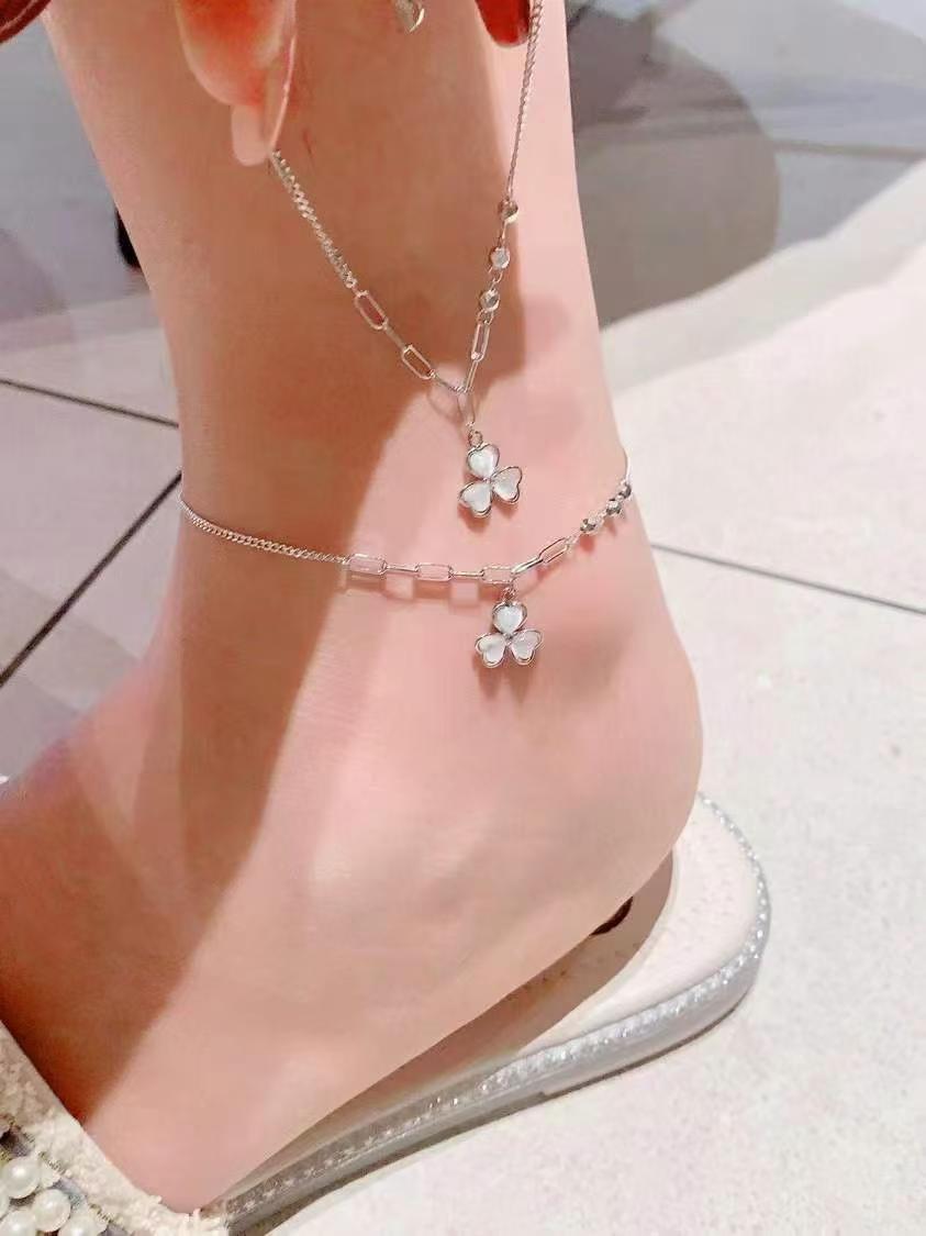 Bracelets de cheville en trèfle scintillant, pierre naturelle de sirène sur argent sterling