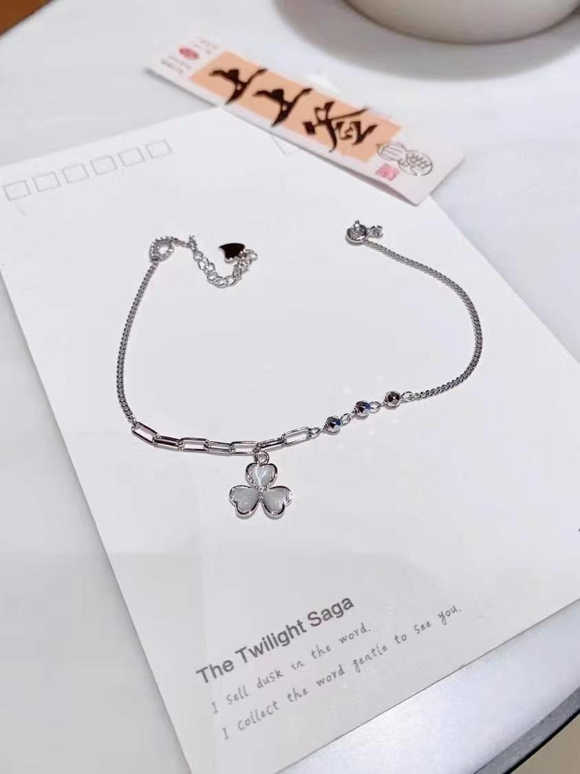 Bracelets de cheville en trèfle scintillant, pierre naturelle de sirène sur argent sterling
