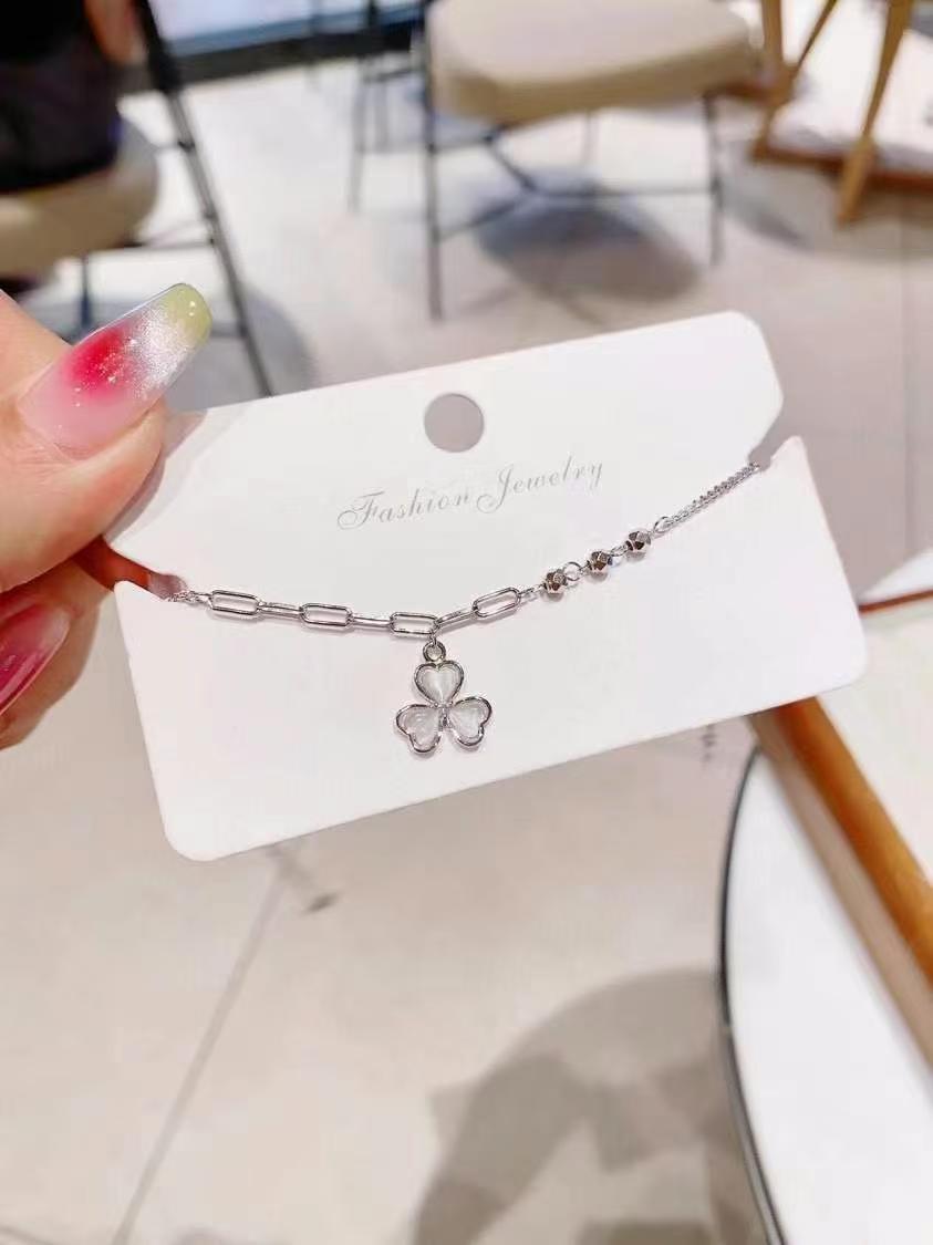 Bracelets de cheville en trèfle scintillant, pierre naturelle de sirène sur argent sterling
