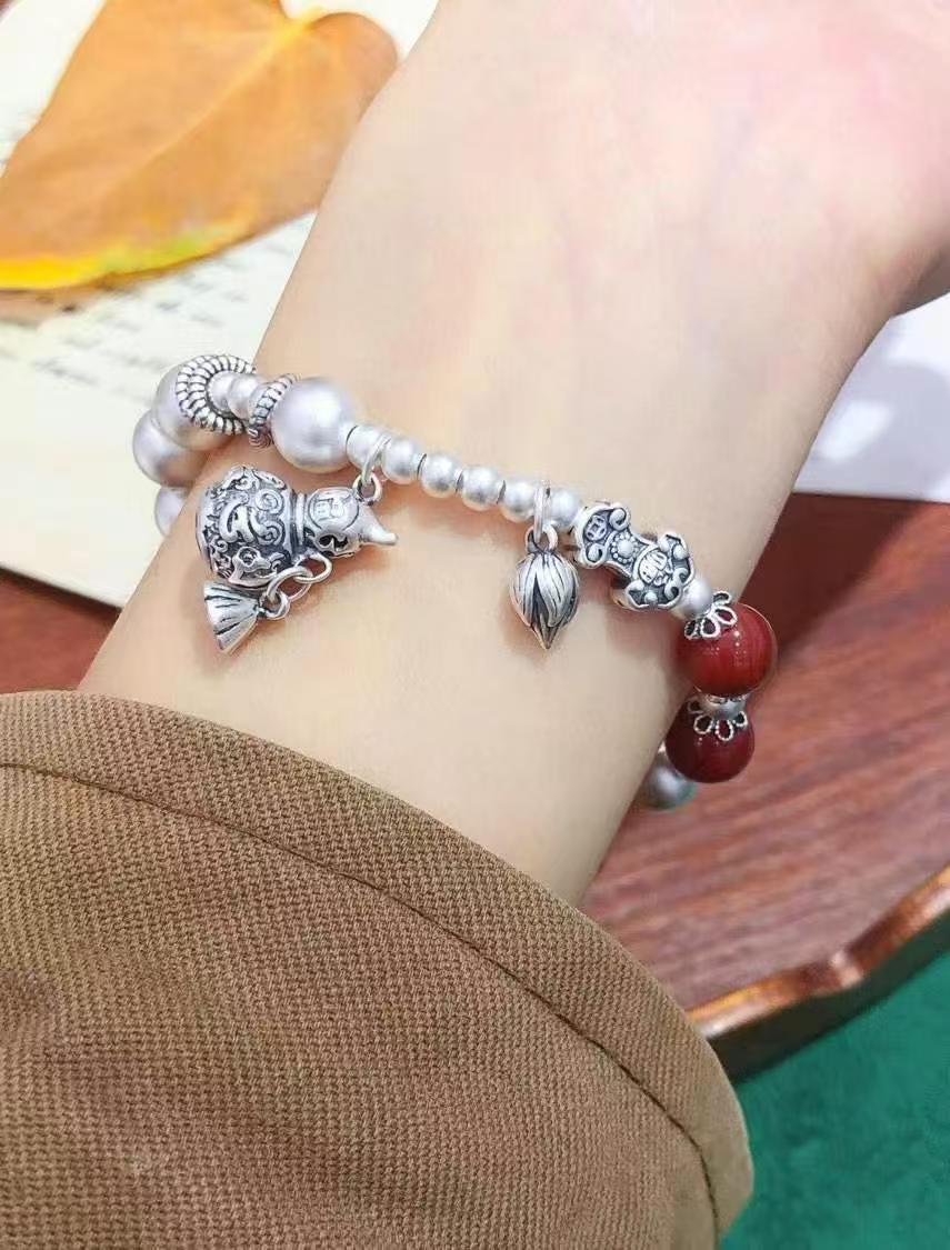Harmony Gourd" Bracelet — Handmade New Chinese Style w/ Vermilion Agate Beads • 999.9 Pure Silver • Ancient Craft Technique