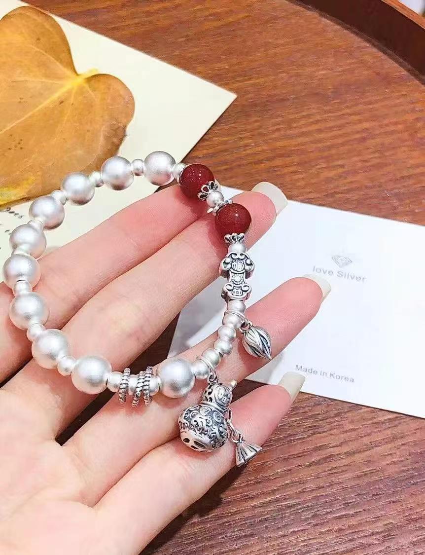 Harmony Gourd" Bracelet — Handmade New Chinese Style w/ Vermilion Agate Beads • 999.9 Pure Silver • Ancient Craft Technique