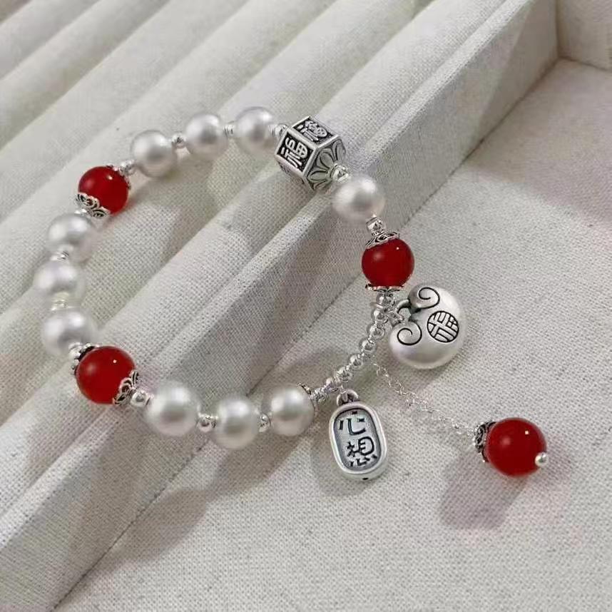 Handcrafted Sterling Silver & Natural Agate Bracelet - Elegant "New Chinese" Style for Good Fortune