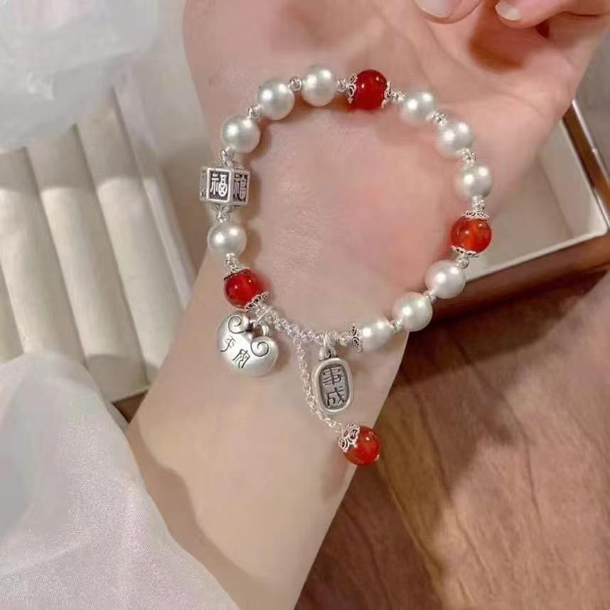 Handcrafted Sterling Silver & Natural Agate Bracelet - Elegant "New Chinese" Style for Good Fortune