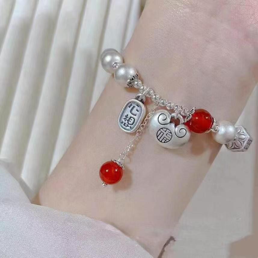 Handcrafted Sterling Silver & Natural Agate Bracelet - Elegant "New Chinese" Style for Good Fortune