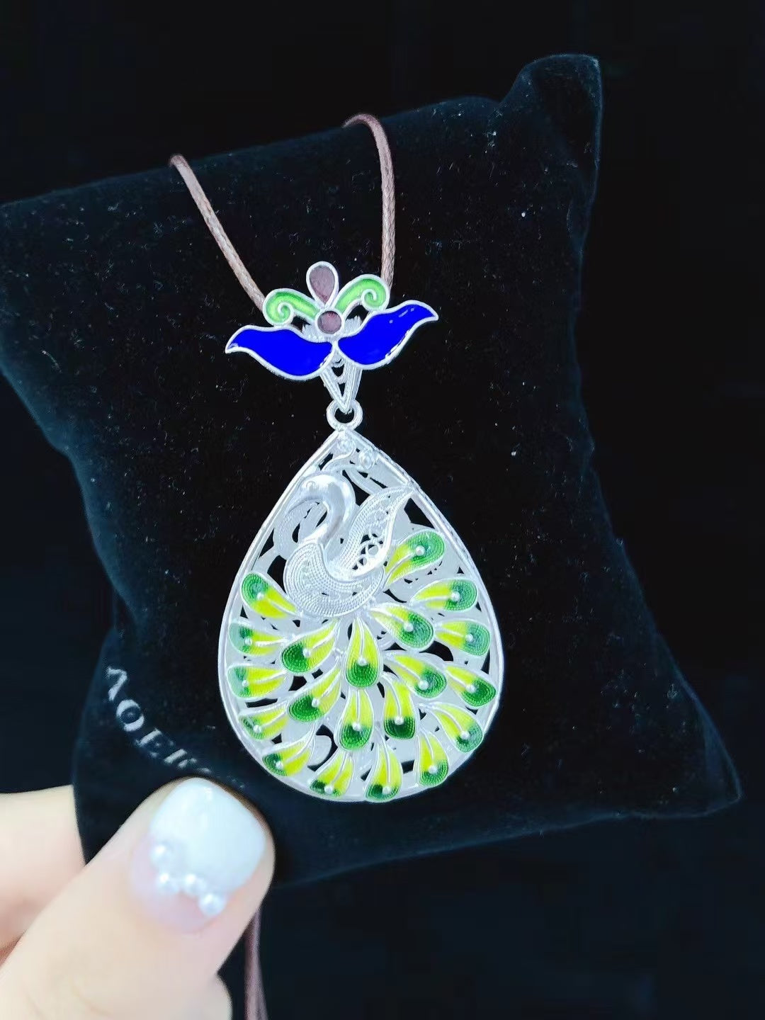 Handwoven Silk Cord & Enamel Peacock Pendant Necklace – 999.9 Pure Silver | Symbol of Blessings & Good Fortune