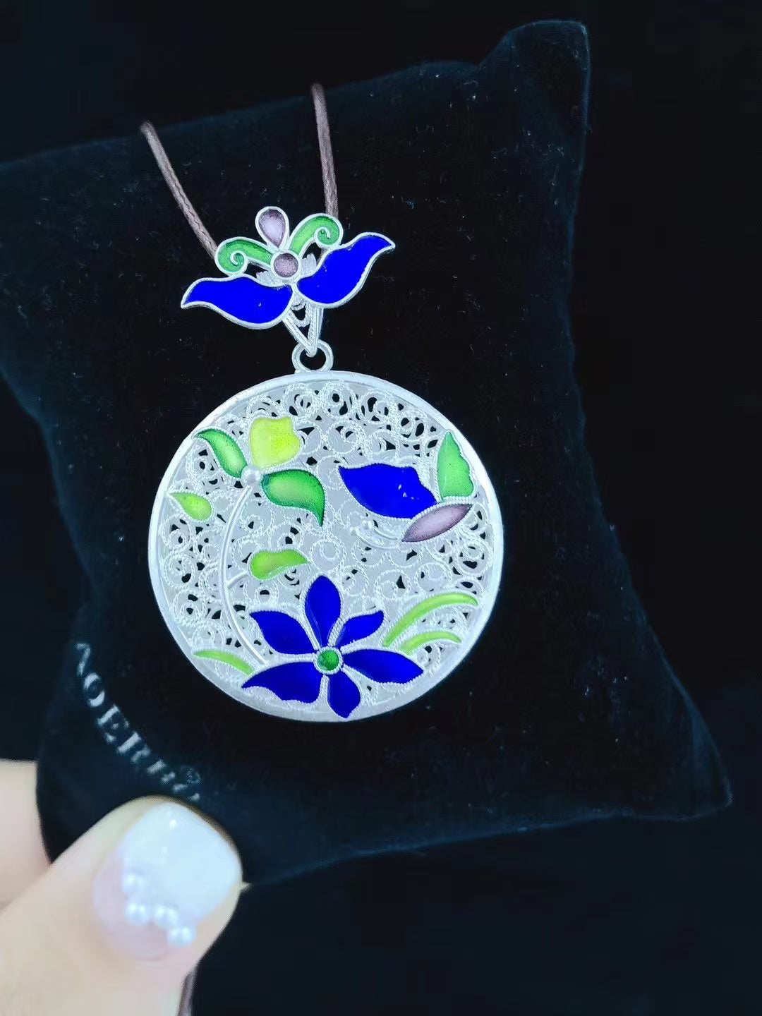 Collier avec pendentif en émail tissé à la main « Fleur de Fortune » – Argent sterling 999,9 de qualité supérieure