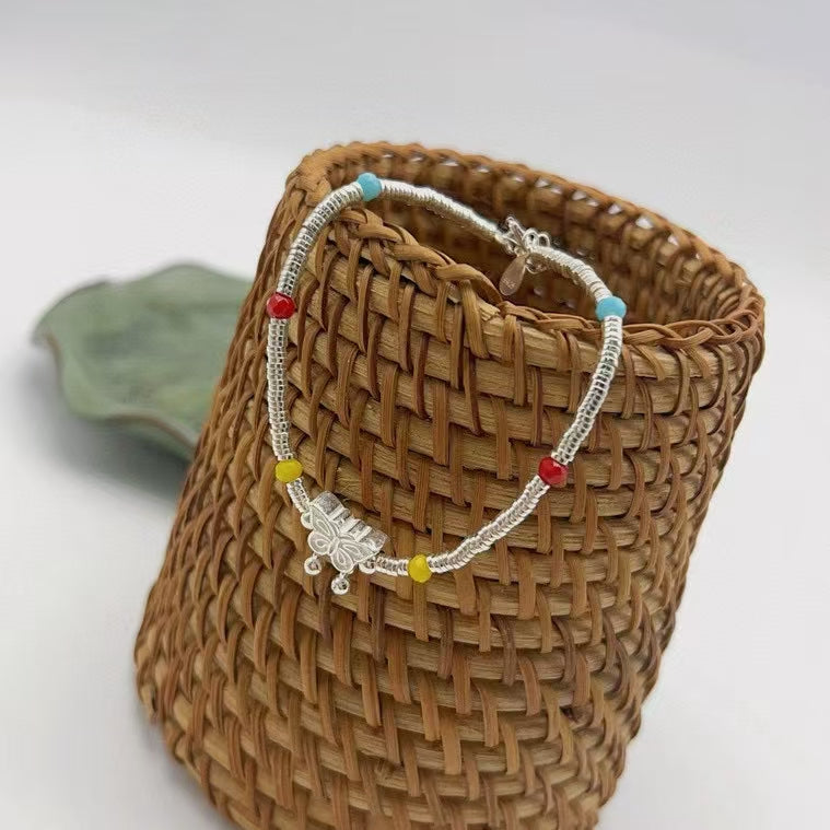Handmade 990 Sterling Silver Butterfly & Glass Bead Bracelet Ethereal Elegance