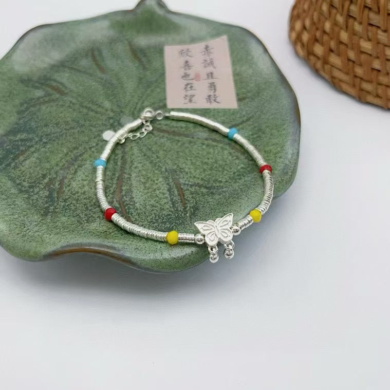 Handmade 990 Sterling Silver Butterfly & Glass Bead Bracelet Ethereal Elegance