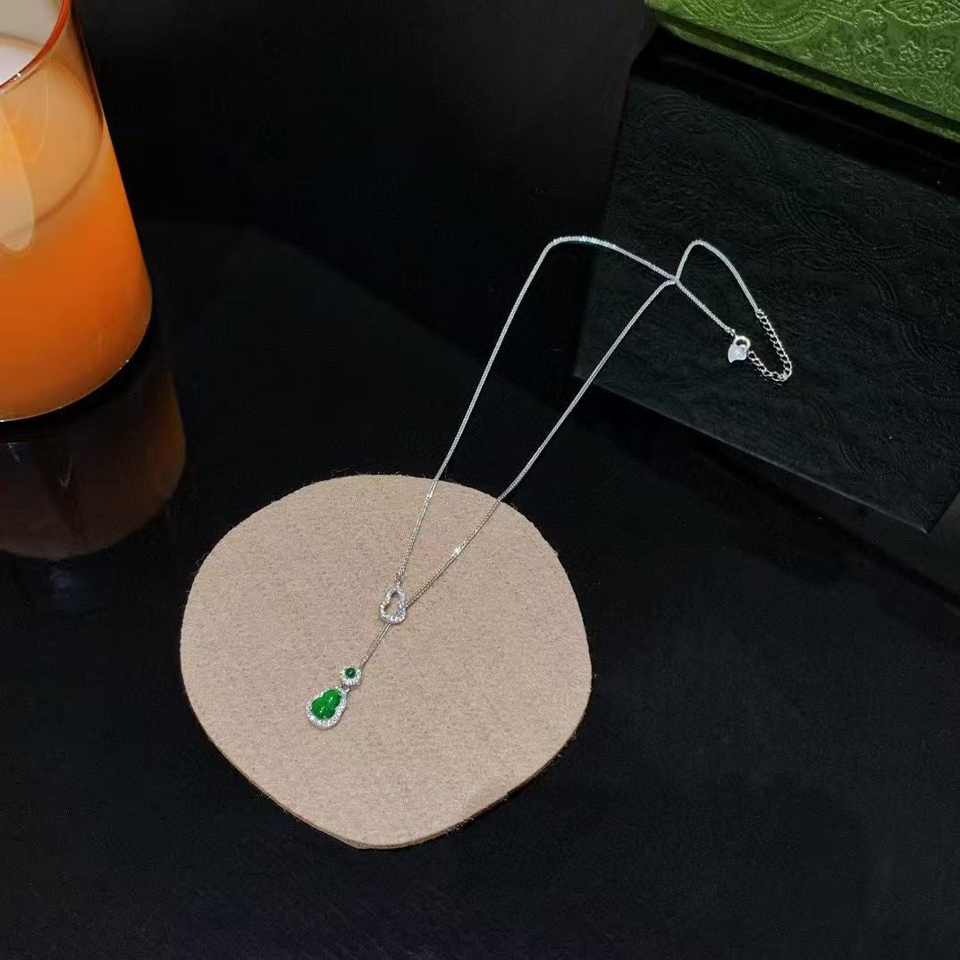 Handcrafted Sterling Silver Hulu Charm Necklace *with Natural Chalcedony & Diamond-Cut Zircon* *Double Blessings of Fortune & Vitality*