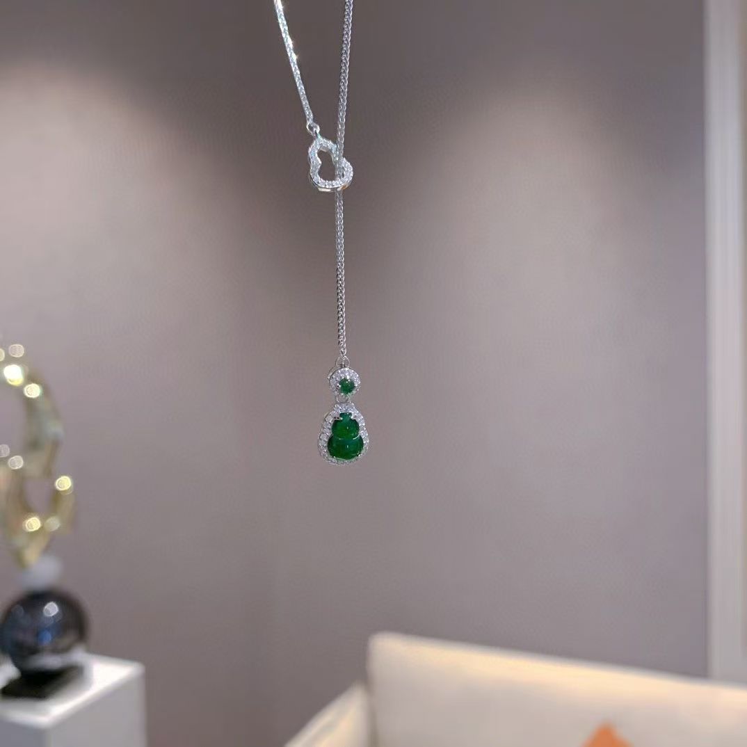 Handcrafted Sterling Silver Hulu Charm Necklace *with Natural Chalcedony & Diamond-Cut Zircon* *Double Blessings of Fortune & Vitality*