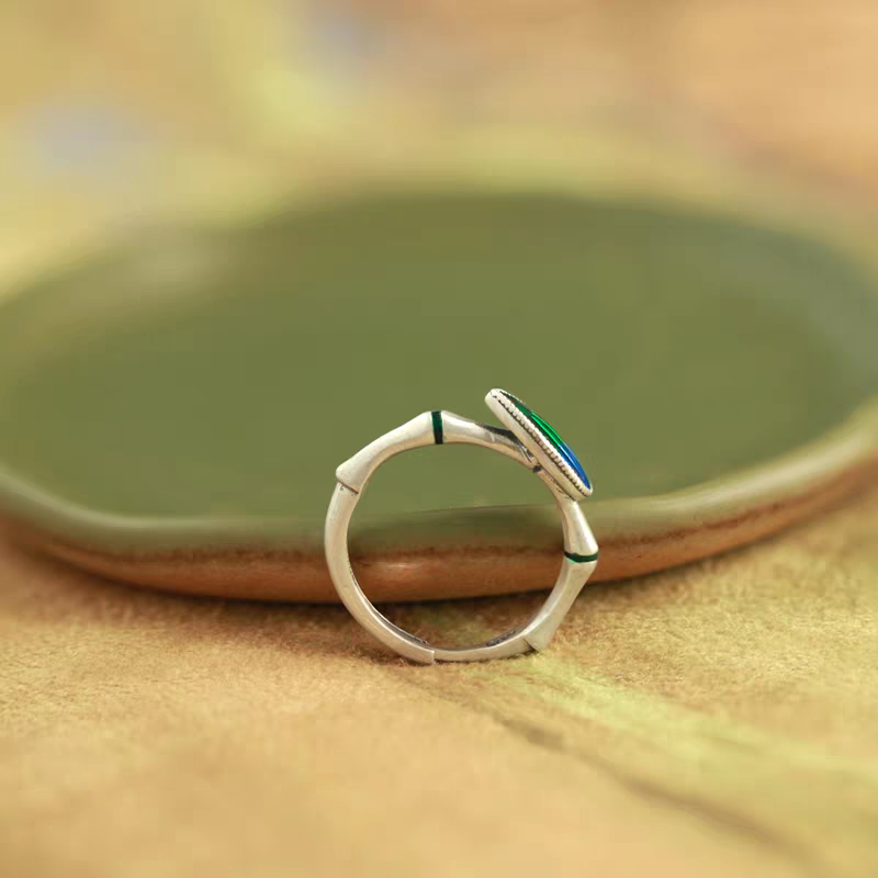 Handcrafted Sterling Silver Bamboo Leaf Ring | Enamel Art | Symbol of Fortune & Growth