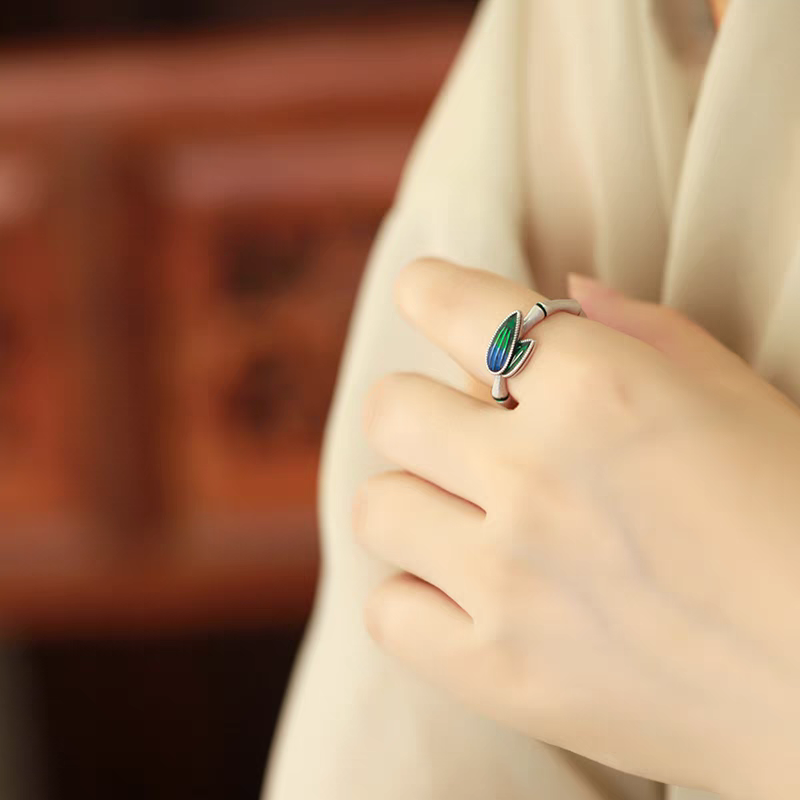 Handcrafted Sterling Silver Bamboo Leaf Ring | Enamel Art | Symbol of Fortune & Growth