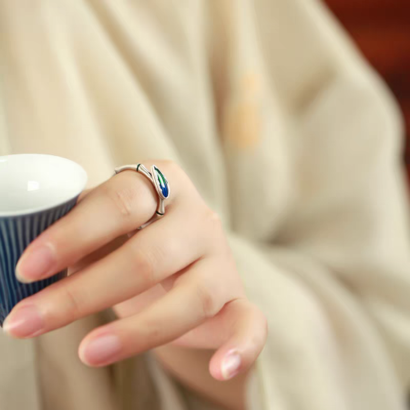 Handcrafted Sterling Silver Bamboo Leaf Ring | Enamel Art | Symbol of Fortune & Growth