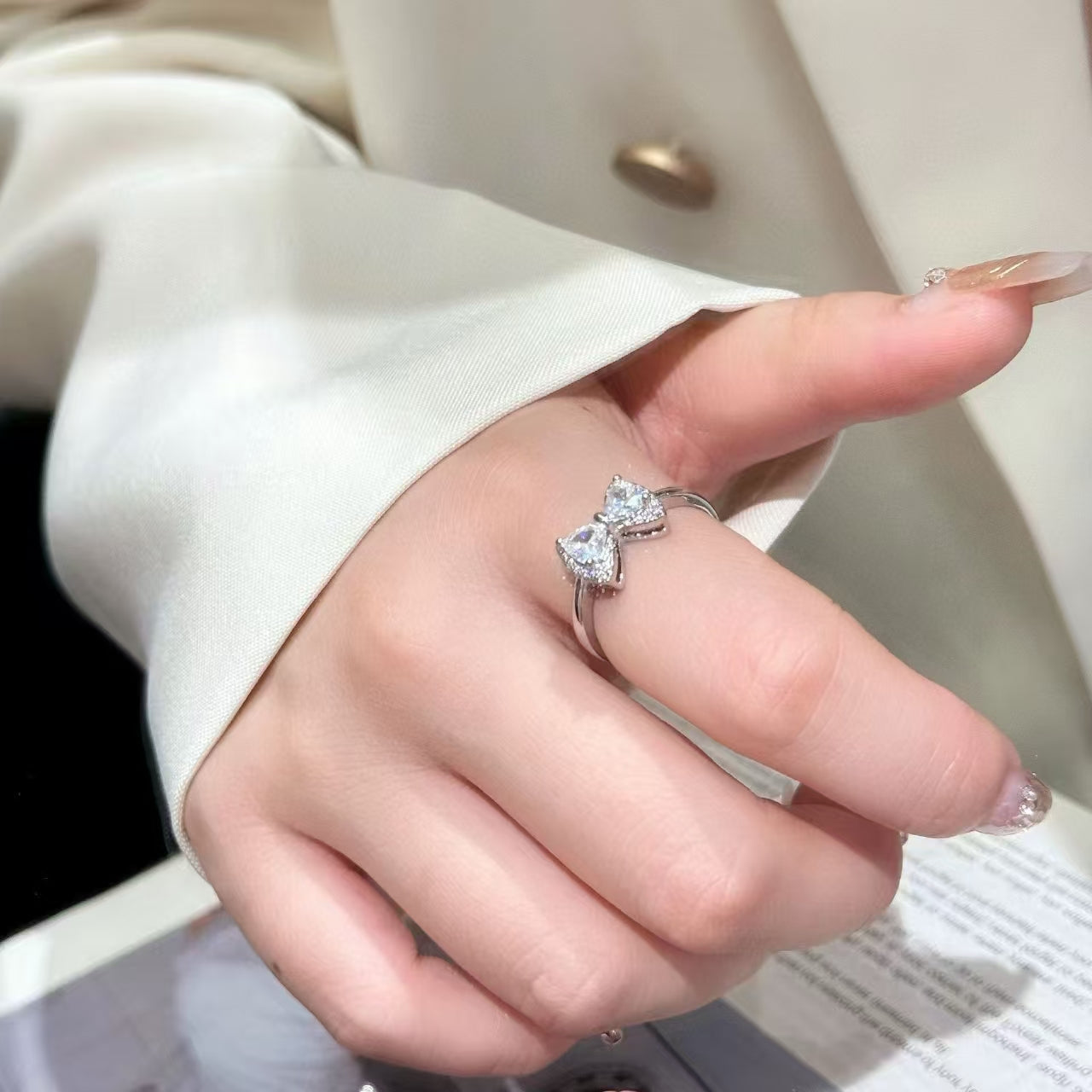 Handcrafted Sterling Silver Bow Ring with Sparkling Zircon | Dainty & Elegant Jewelry