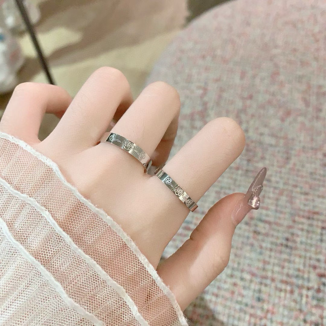 Hand-Carved Auspicious Cloud Couple Rings - Solid 925 Sterling Silver 2 pieces