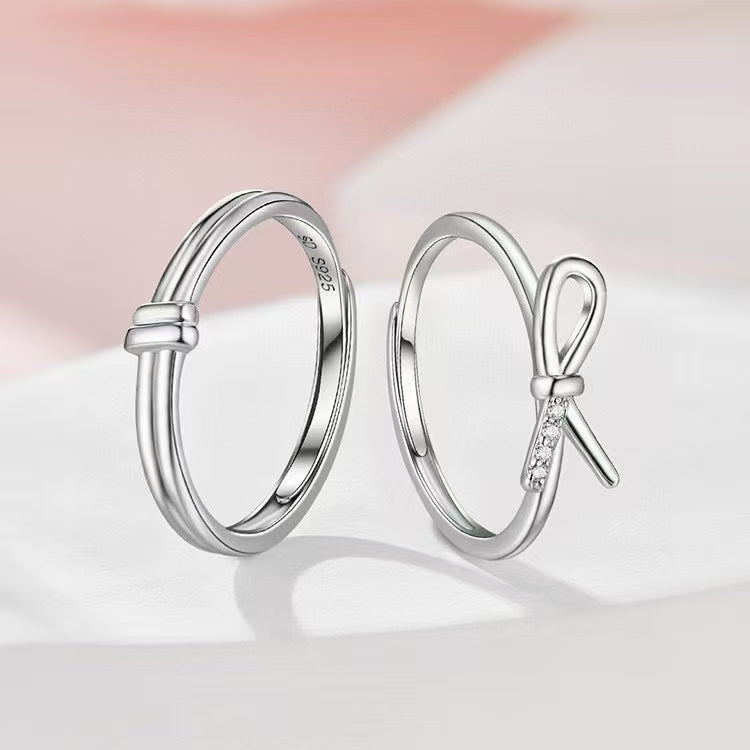 Tied with Devotion: Artisan Sterling Silver Bow Couple Rings with Sparkling CZ 2 pieces