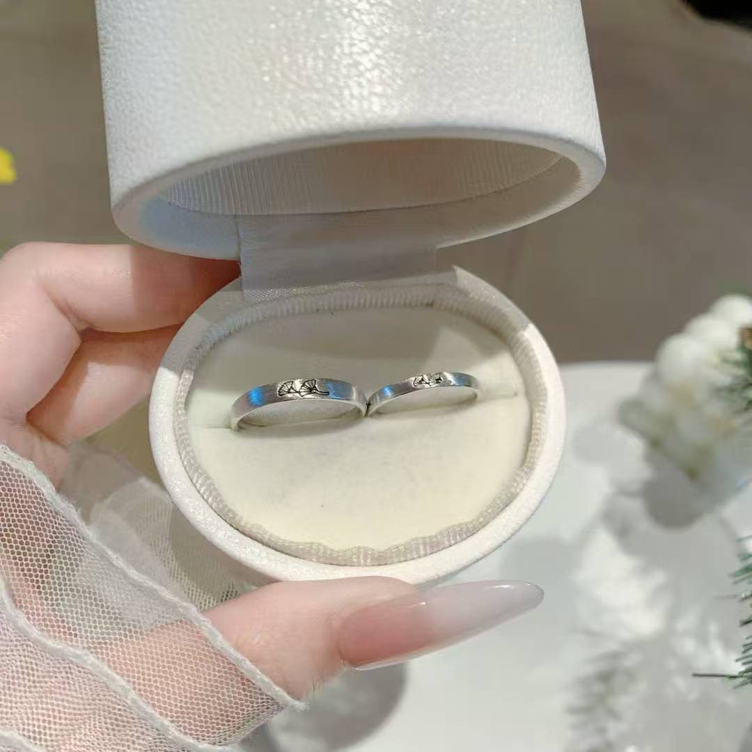 Hand-Engraved Ginkgo Leaf Couples Ring | 925 Sterling Silver • Eternal Unity 2 pieces