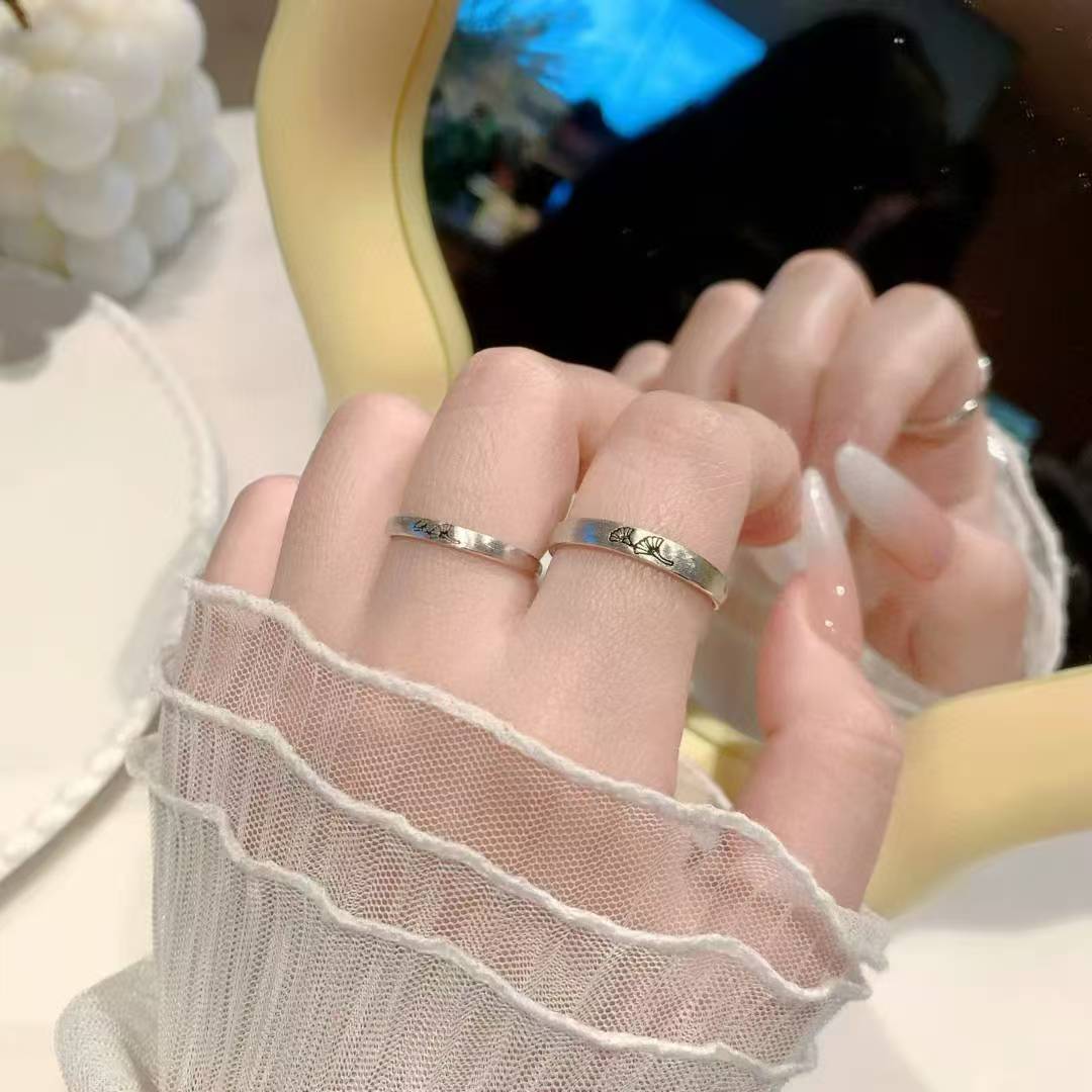 Hand-Engraved Ginkgo Leaf Couples Ring | 925 Sterling Silver • Eternal Unity 2 pieces