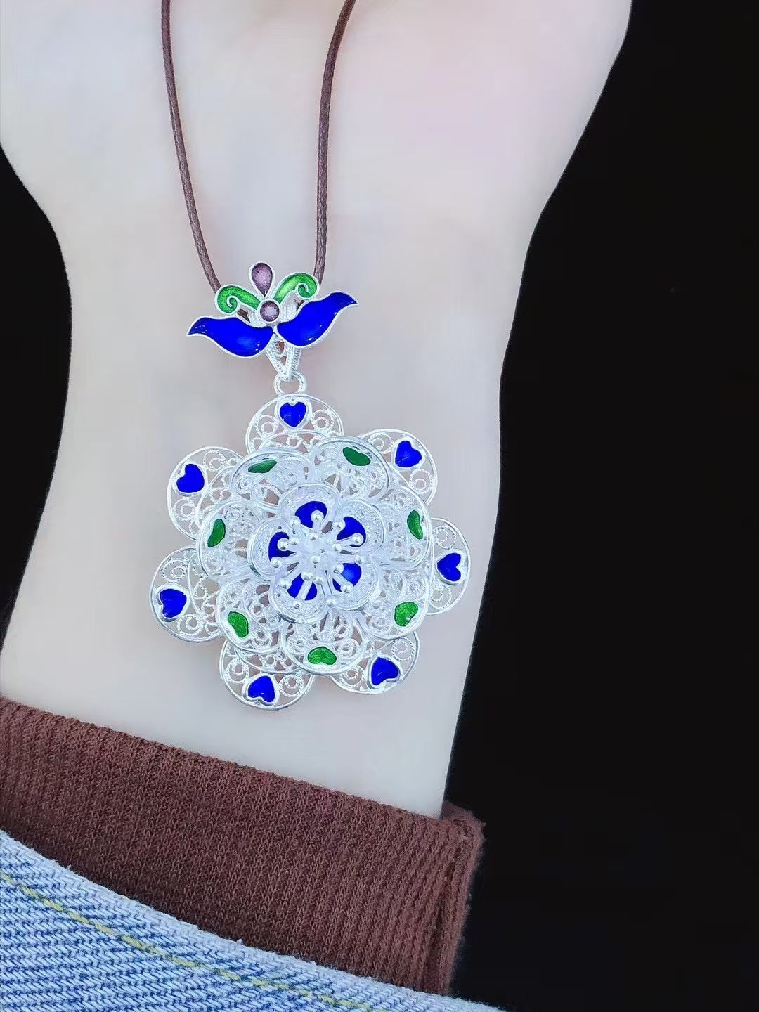 Collier pendentif paon en argent sterling émaillé fait main avec cordon tressé - Porte-bonheur en argent pur 999,9