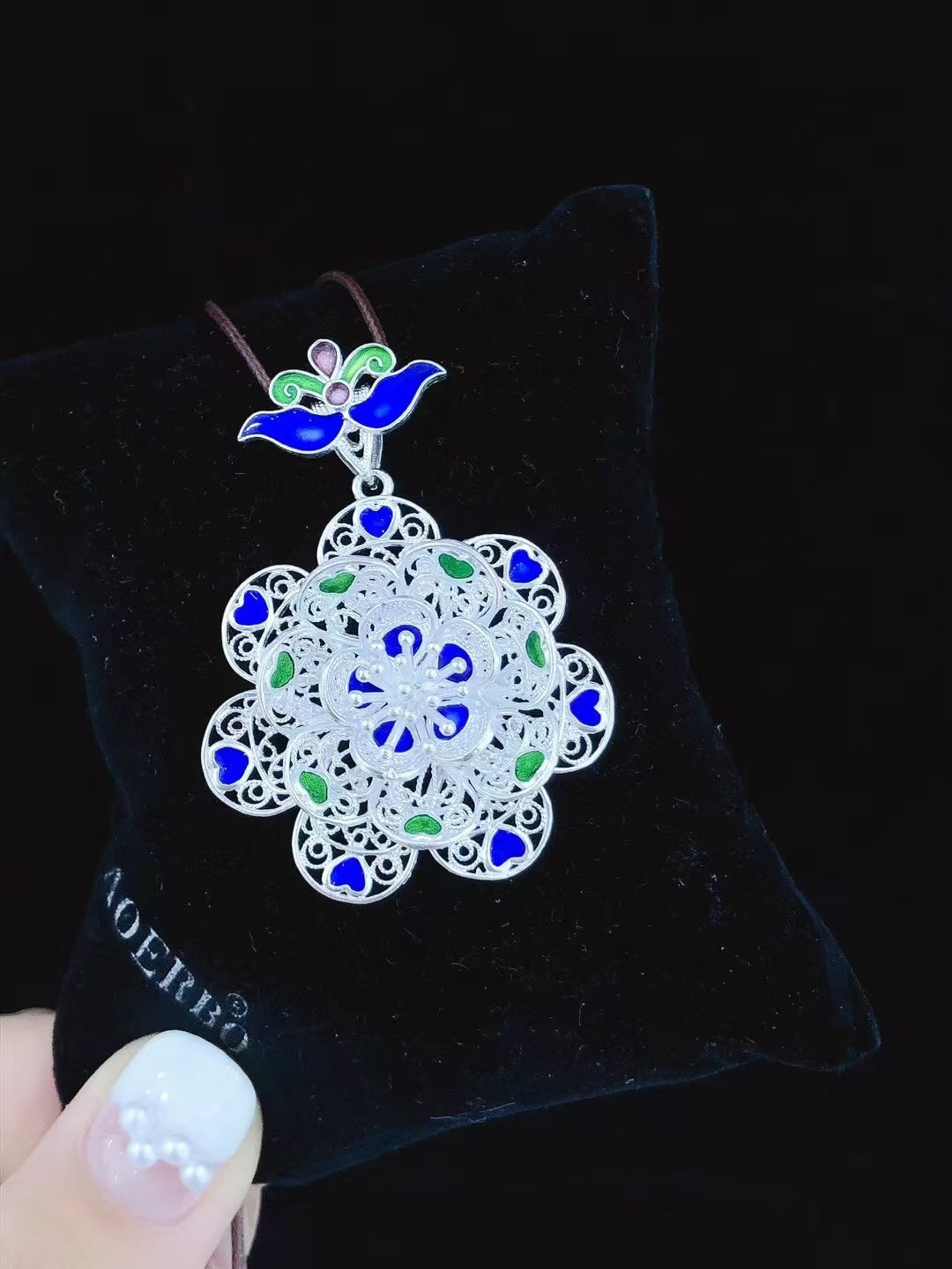 Collier pendentif paon en argent sterling émaillé fait main avec cordon tressé - Porte-bonheur en argent pur 999,9