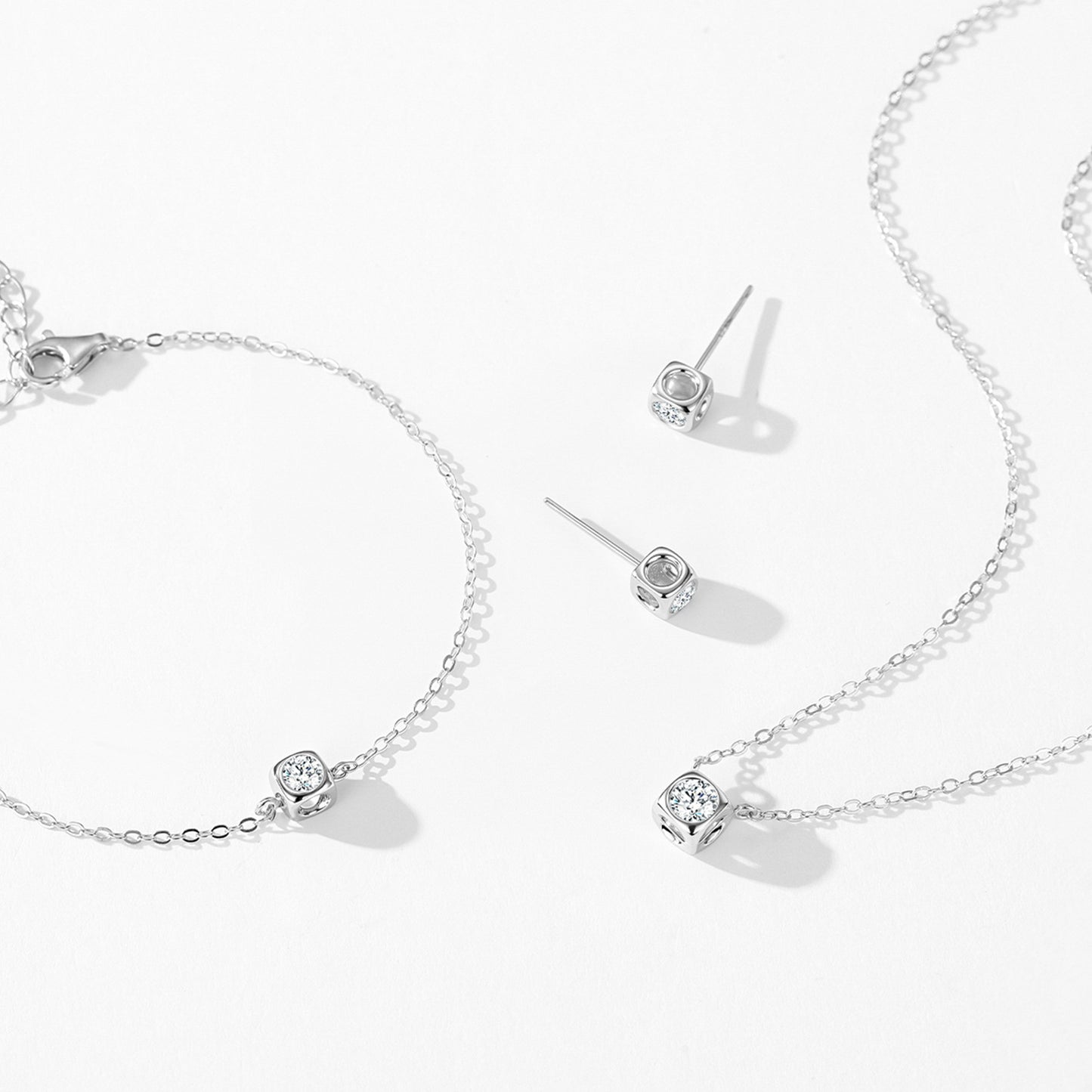 Minimalist Square Jewelry Set - Zircon Sterling Silver Earrings, Bracelet & Necklace