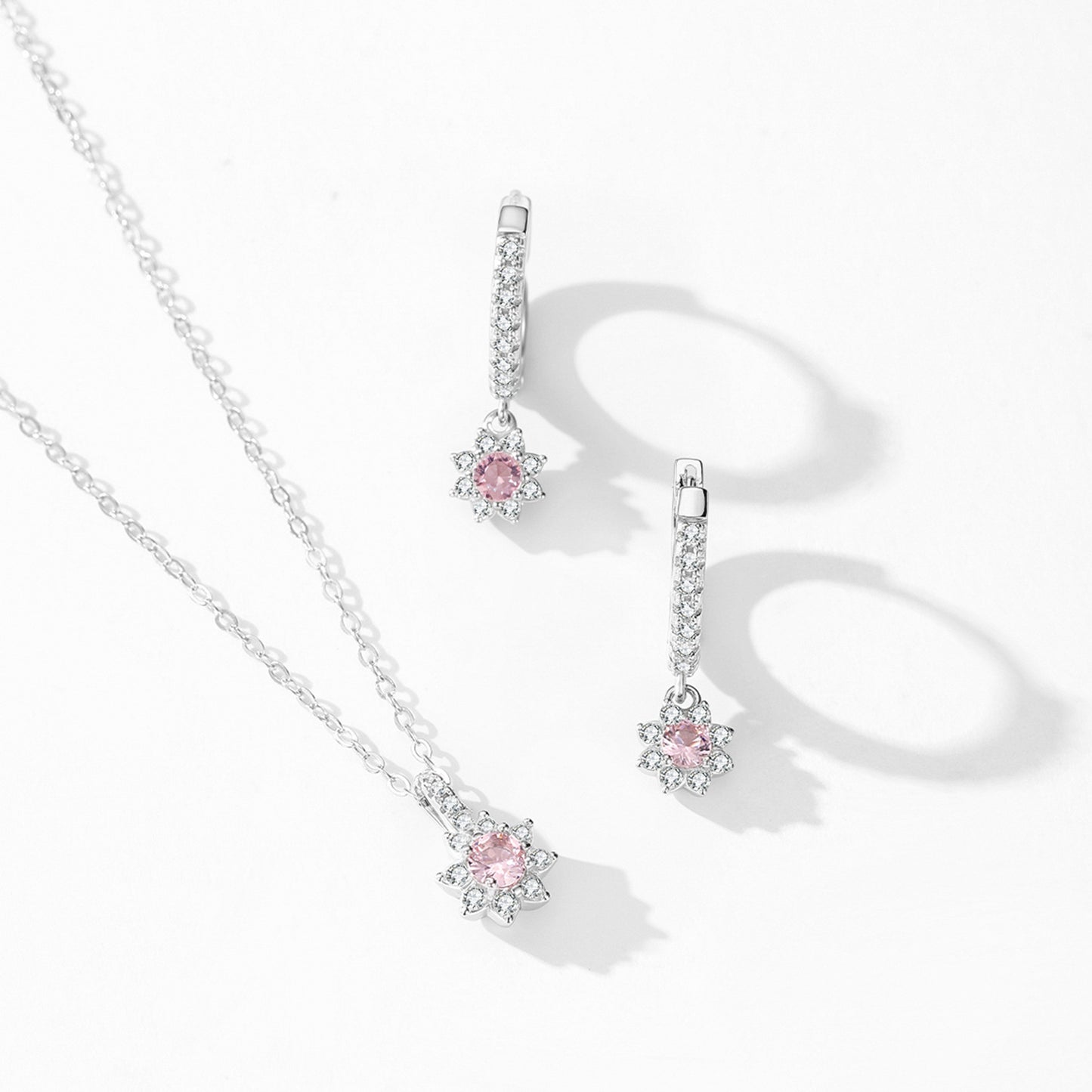 Handmade Floral Pink Zircon Jewelry Set – Sterling Silver Earrings & Necklace