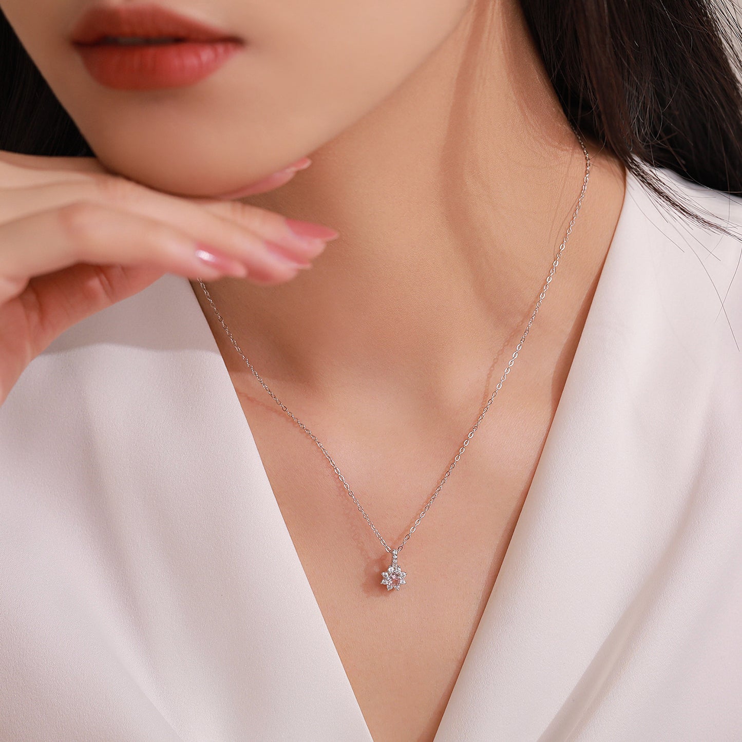 Handmade Floral Pink Zircon Jewelry Set – Sterling Silver Earrings & Necklace