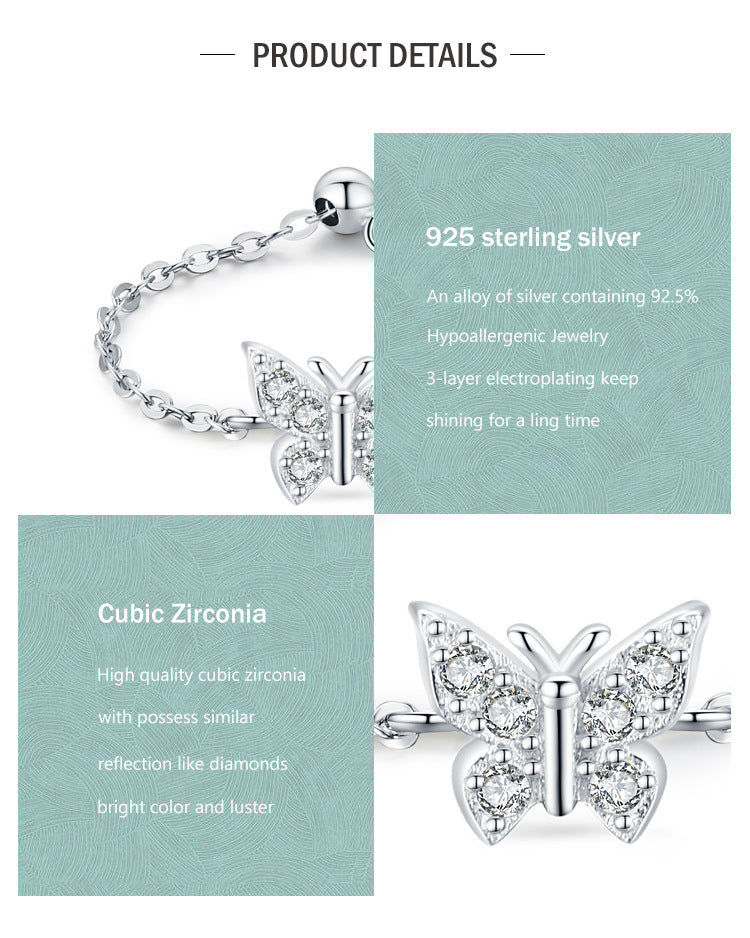 Leweivi™ Sparkling Butterfly Linked Chain Ring - Handcrafted S925 Silver Adjustable Statement Piece, "Ethereal Wing" Collection