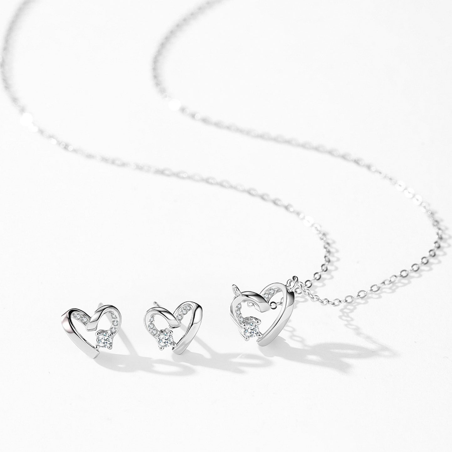Romantic Heart Jewelry Set - Zircon Sterling Silver Earrings & Necklace