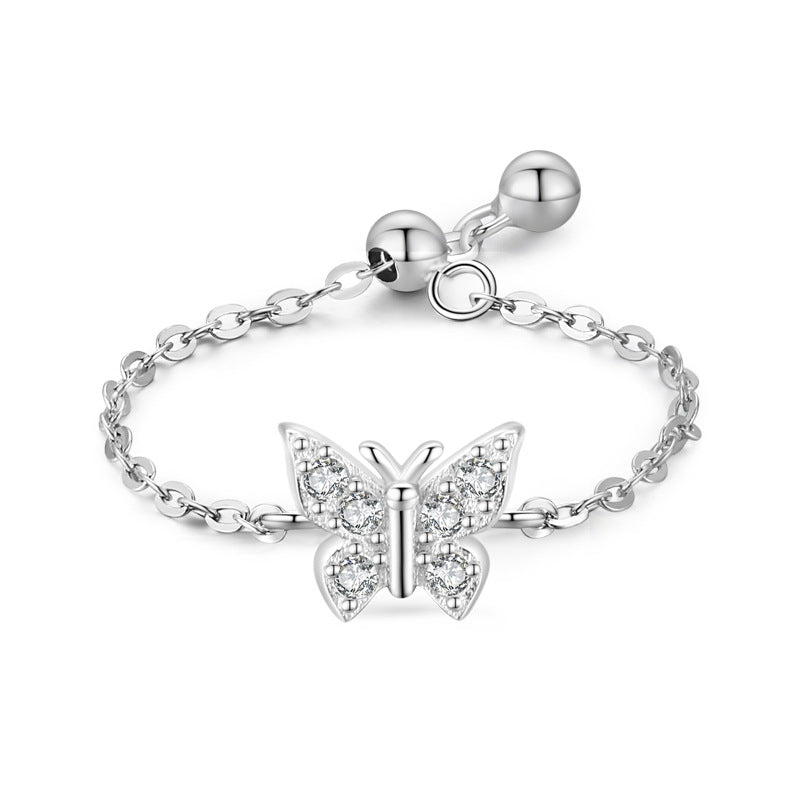 Handcrafted Sterling Silver Adjustable Butterfly Ring with Zircon Accents