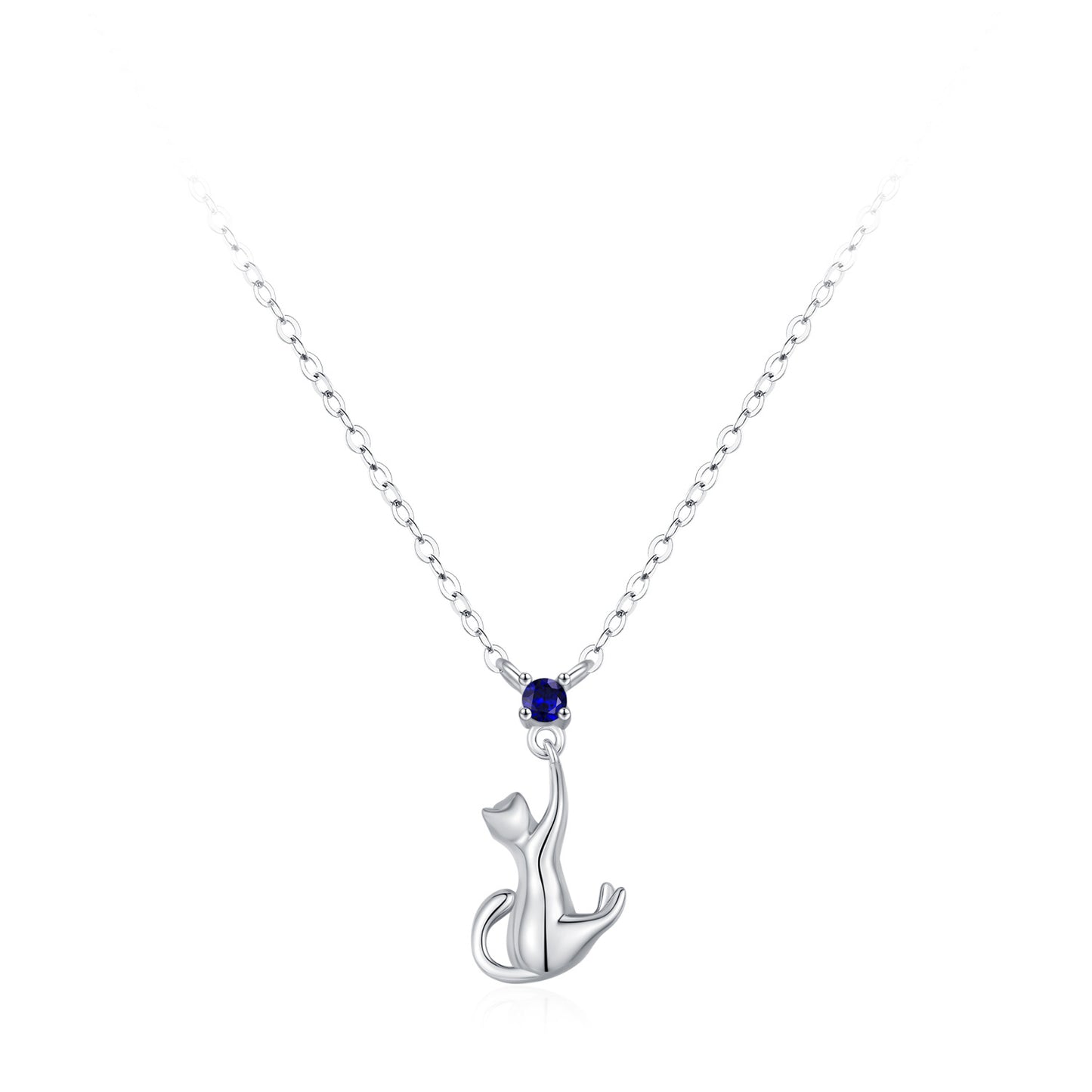 Whimsical Cat Jewelry Set - Blue Zircon Sterling Silver Earrings & Necklace