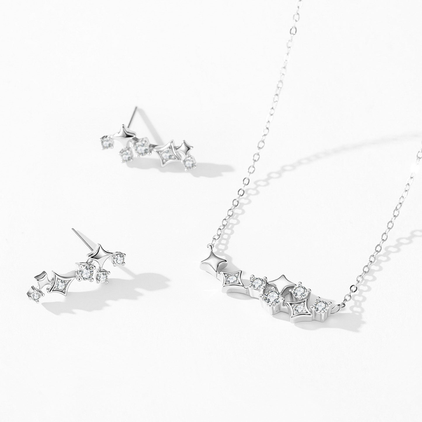 Happy Star Jewelry Set - Smiling Zircon Sterling Silver Earrings & Necklace