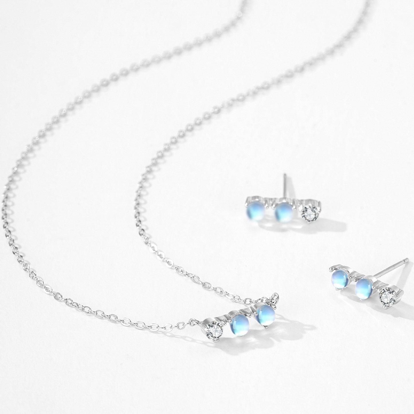 Celestial Bar Jewelry Set – Moonstone & Zircon Sterling Silver Earrings & Necklace