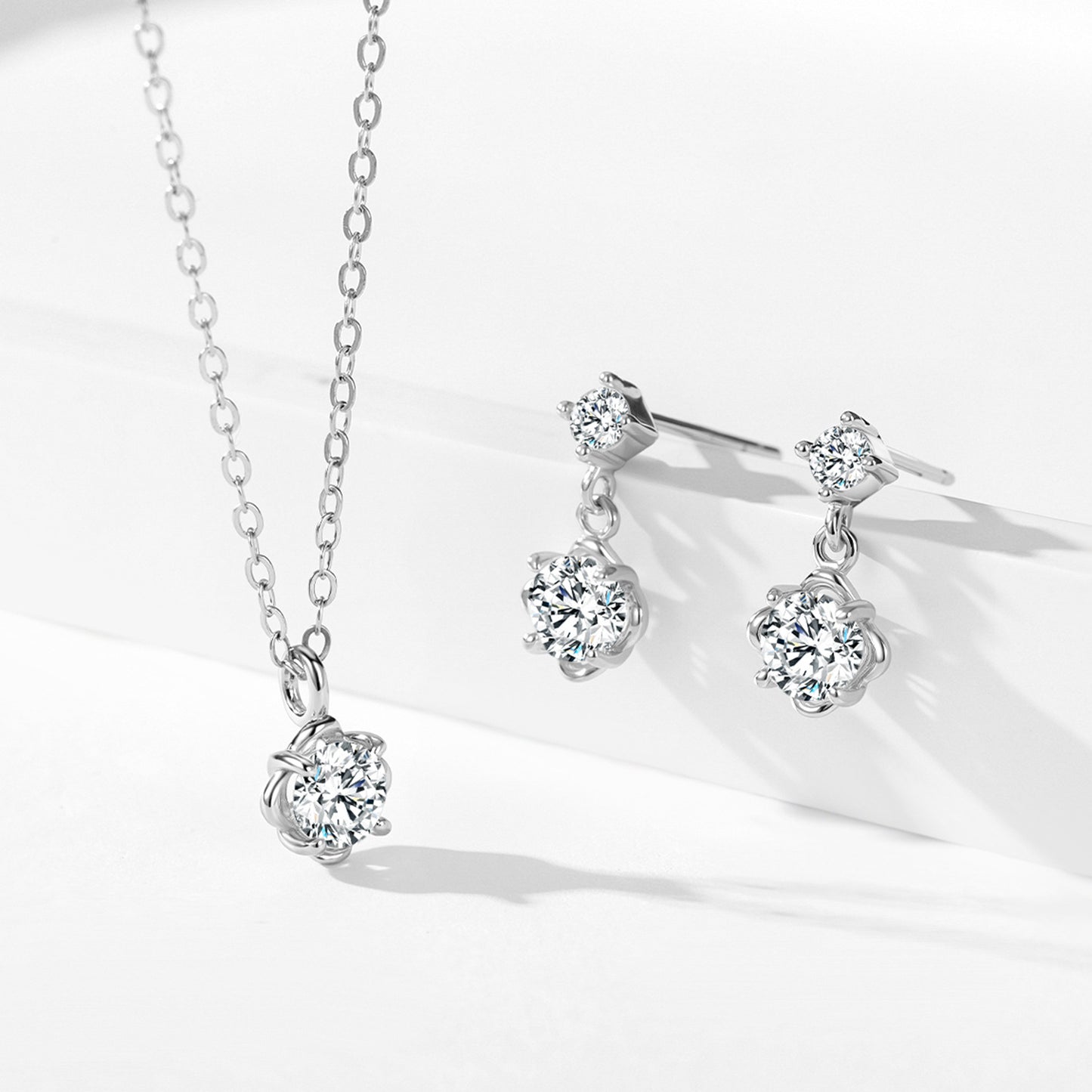 Classic Floral Jewelry Set - Zircon Sterling Silver Earrings & Necklace