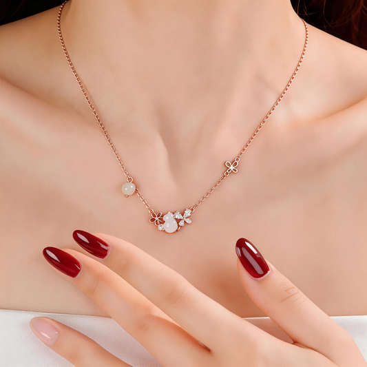 Whimsical Garden: Kitten & Peach Blossom Necklace with Golden Butterfly Detail