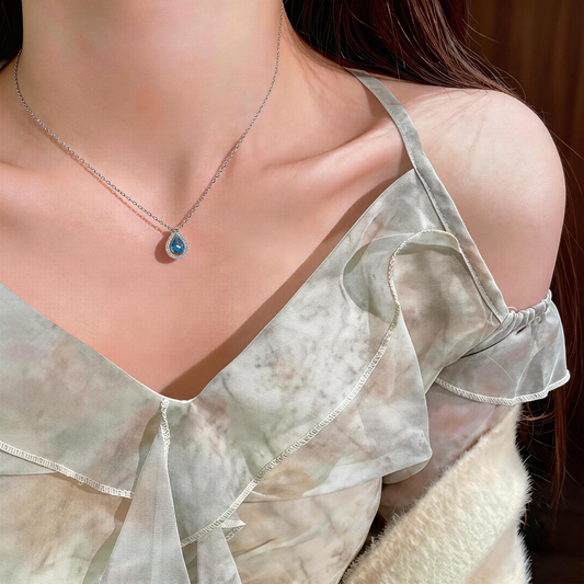 Leweivi S990 Sterling Silver "Blue Ocean Tear" Necklace - Romantic Heart-Shaped Blue Zircon Pendant for Women