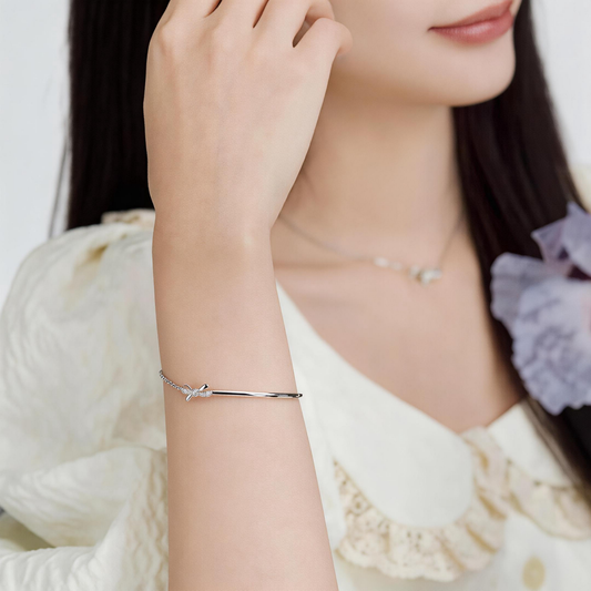 Leweivi™ S925 Sterling Silver Bowknot Half-Bangle Bracelet - Elegant Ribbon Design