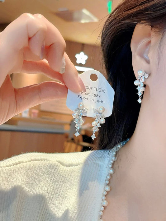 Boucles d'oreilles pendantes triple perle et zircon | Boucles d'oreilles pendantes superposées en argent sterling