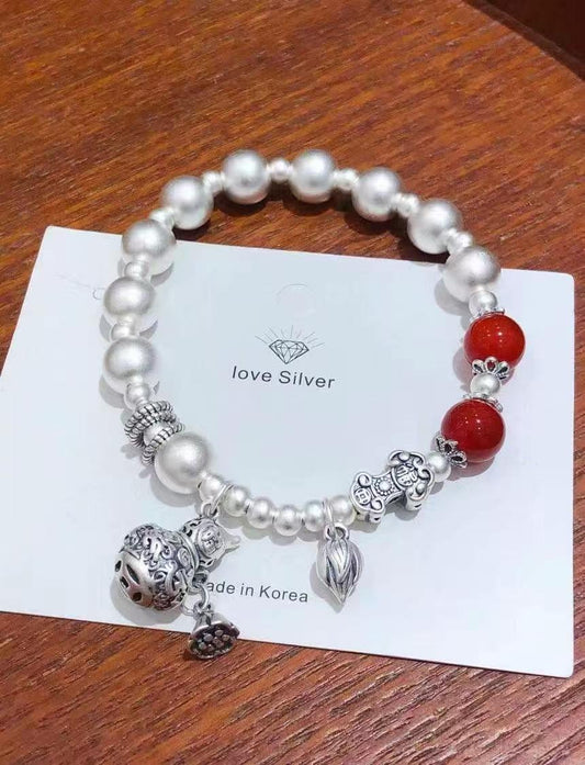 Harmony Gourd" Bracelet — Handmade New Chinese Style w/ Vermilion Agate Beads • 999.9 Pure Silver • Ancient Craft Technique