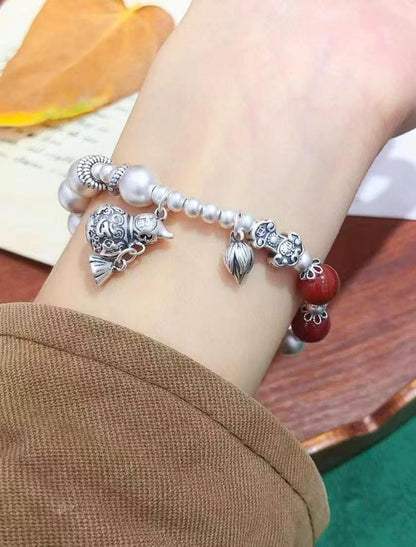 Harmony Gourd" Bracelet — Handmade New Chinese Style w/ Vermilion Agate Beads • 999.9 Pure Silver • Ancient Craft Technique