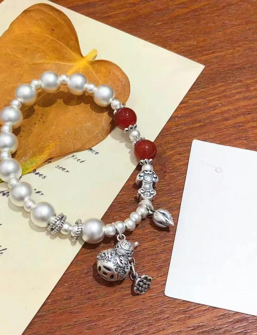 Harmony Gourd" Bracelet — Handmade New Chinese Style w/ Vermilion Agate Beads • 999.9 Pure Silver • Ancient Craft Technique