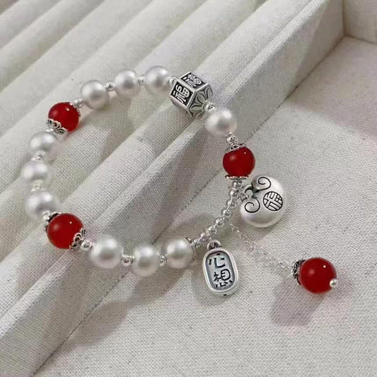 Handcrafted Sterling Silver & Natural Agate Bracelet - Elegant "New Chinese" Style for Good Fortune
