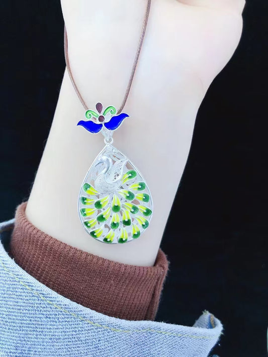 Handwoven Silk Cord & Enamel Peacock Pendant Necklace – 999.9 Pure Silver | Symbol of Blessings & Good Fortune