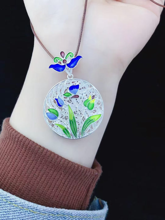 Collier pendentif cloisonné Blessing Orchid - Chaîne tressée à la main en argent fin 999,9