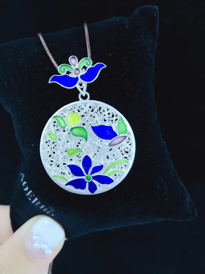 Collier avec pendentif en émail tissé à la main « Fleur de Fortune » – Argent sterling 999,9 de qualité supérieure