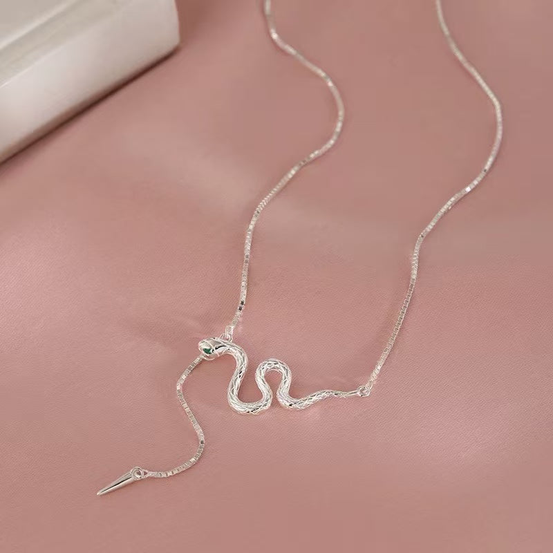 Handcrafted Serpentine Elegance: Solid Sterling Silver Snake Pendant Necklace