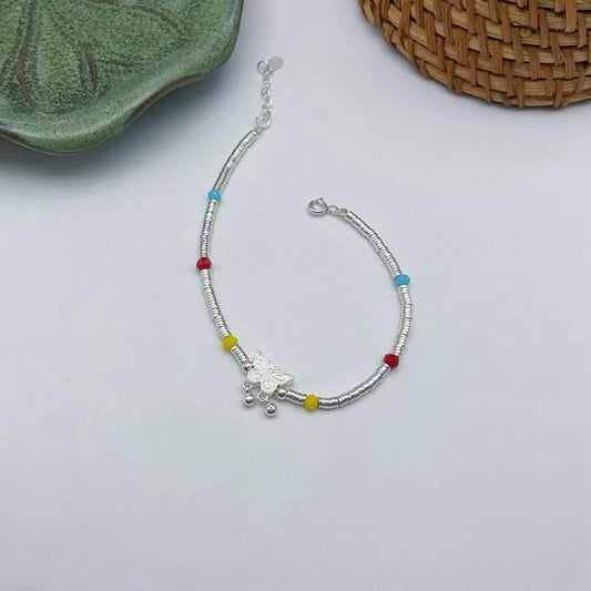 Handmade 990 Sterling Silver Butterfly & Glass Bead Bracelet Ethereal Elegance