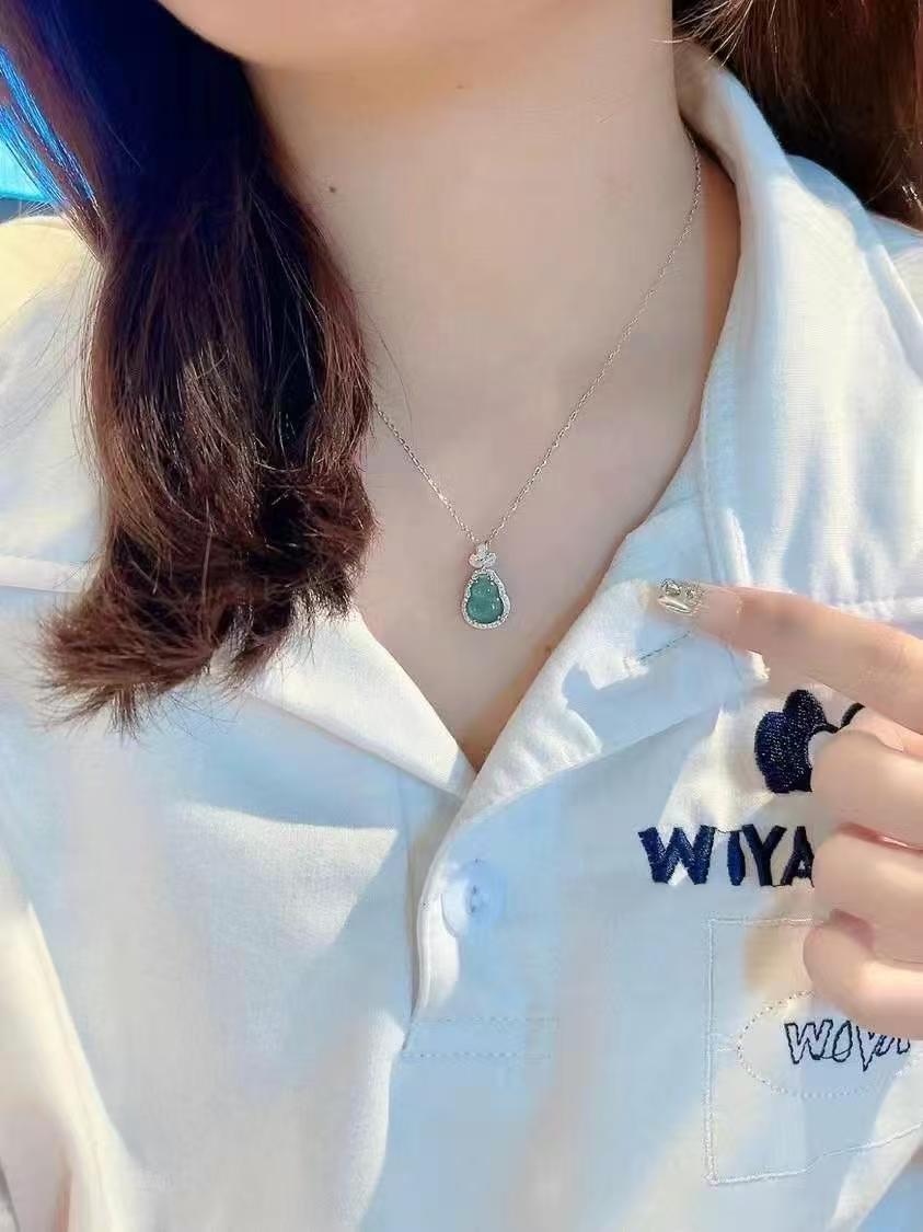 Handcrafted 925 Sterling Silver Hulu Pendant Necklace with Zircon & Natural Jadeite   *Symbol of Luck, Health & Protection*