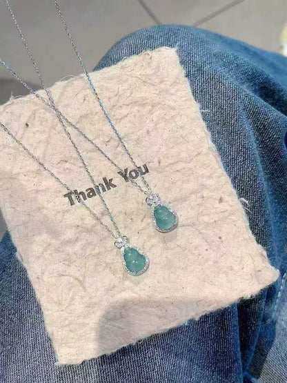 Handcrafted 925 Sterling Silver Hulu Pendant Necklace with Zircon & Natural Jadeite   *Symbol of Luck, Health & Protection*